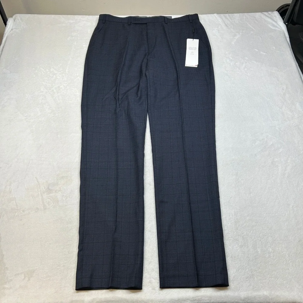 Calvin Klein Slim Fit Dress Pants‎ Mens 36x34 Navy Blue Plaid Stretch Wool NEW